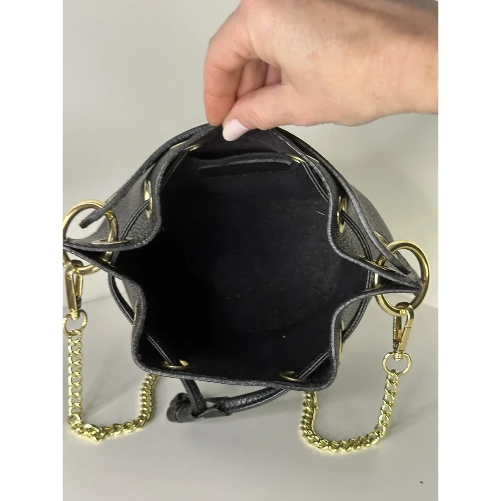 Anna Paola, Bucket Bag Black Pebbled Leather Drawstring Gold Chain Made In Italy